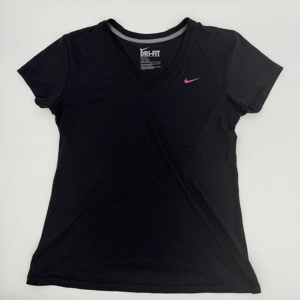 Nike T Shirt Dri Fit V Neck Regular Fit Modern Womens Size Medium Black Pink